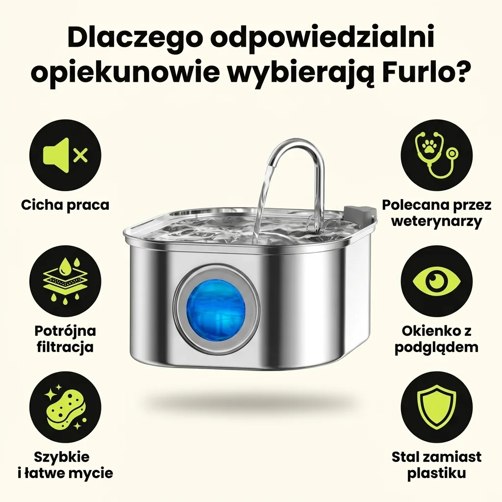 Fontanna Furlo ze stali: cicha praca, potrójna filtracja, szybkie mycie, okienko z podglądem, polecana przez weterynarzy