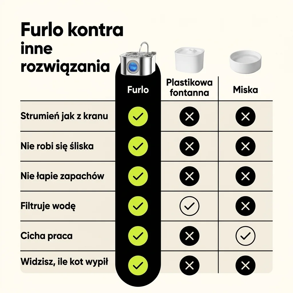 Porównanie: fontanna Furlo, plastikowa fontanna i miska - strumień jak z kranu, nie robi się śliska, nie łapie zapachów, filtruje wodę, cicha praca, widać, ile kot wypił