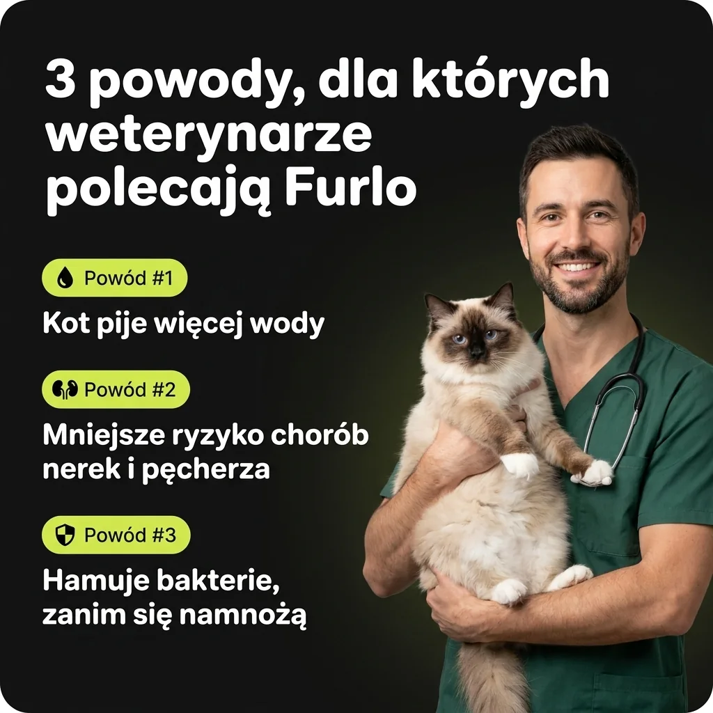 Weterynarz z kotem na rękach: kot pije więcej wody, mniejsze ryzyko chorób nerek i pęcherza, hamuje bakterie